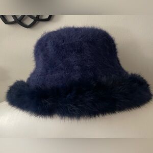Genuine angora fur navy blue bucket hat chic glam party casual ski winter